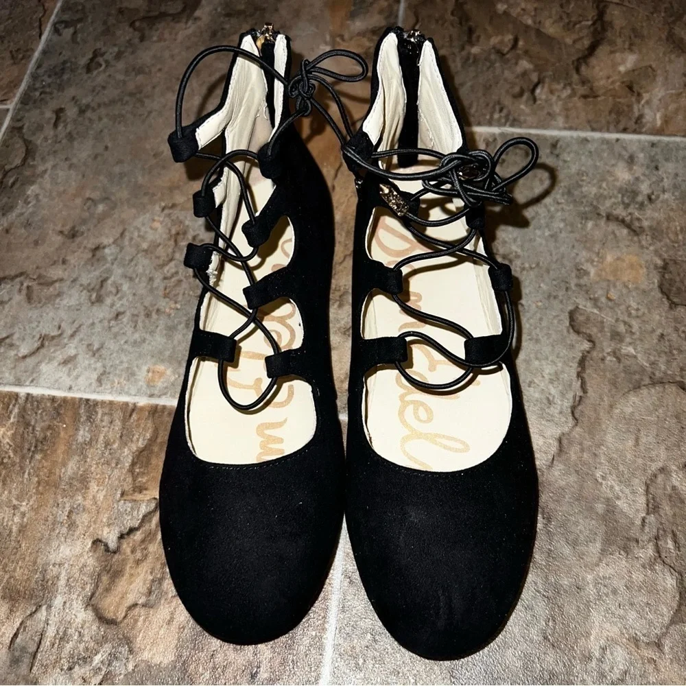 Sam Edelman Felicia Stella Embroidered Floral Black Lace Up Flats Size 5